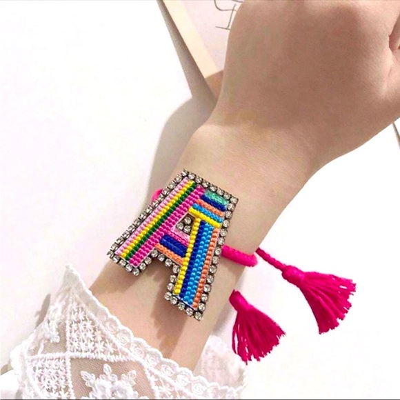 Pink Beaded Bracelet with Letter A in Geometric Pattern and Tassel - Picture 1 of 4